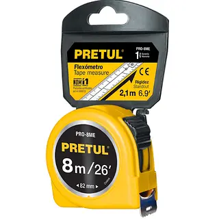 Flexómetro Amarillo 8 M Cinta 25 Mm, En Tarjeta, Pretul