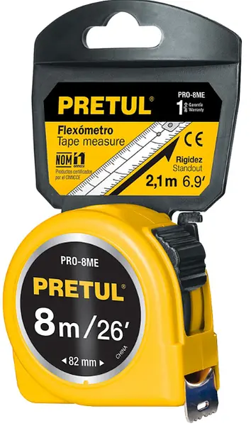 Flexómetro Amarillo 8 M Cinta 25 Mm, En Tarjeta, Pretul
