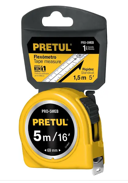 Flexómetro Amarillo 5 M Cinta 19 Mm, En Tarjeta, Pretul