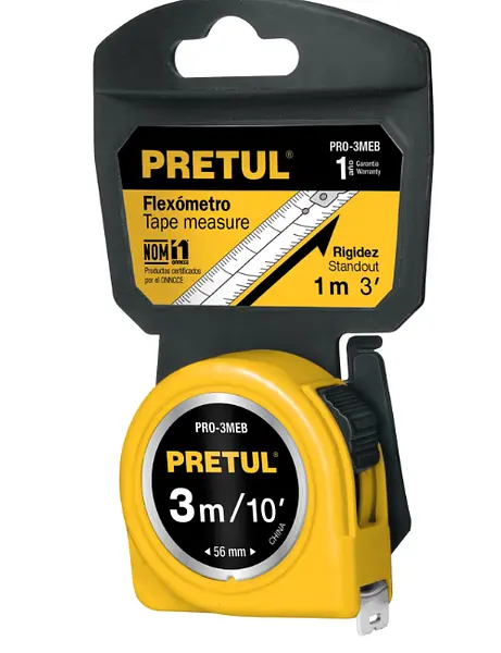 Flexómetro Amarillo 3 M Cinta 13 Mm, En Tarjeta, Pretul
